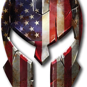 May include: A red, white, and blue American flag design in the shape of a Spartan helmet. The helmet is weathered and distressed, giving it a vintage look.
