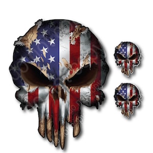 May include: A distressed American flag skull graphic. The skull is in the style of the Punisher logo. There are two smaller versions of the skull graphic included.