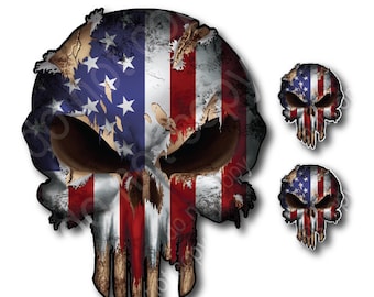 3x Skull USA American Flag Hardhat Sticker Vinyl Decal Car Truck Yeti Auto Window Bumper Laptop MIlitary Army Navy Sniper Present Gift