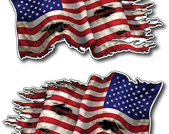 2 Pack New Tattered Waving USA American Flag Vinyl Decal Country Stickers 4&quot; x 7&quot; 1 Regular 1 Mirrored Reverse