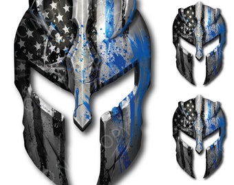 Pack of 3 Thin Blue Line Spartan Helmet Decal Sticker Truck Jeep Police Officer Molon Labe
