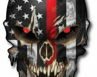 Firefighter Thin Red Line Skull USA American Flag Decal Sticker Car Truck Bumper