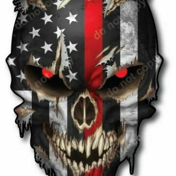 Firefighter Thin Red Line Skull USA American Flag Decal Sticker Car Truck Bumper