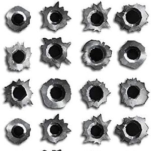 May include: A set of 20 bullet hole stickers, each featuring a realistic depiction of a bullet hole in a metal surface. The stickers are black and white and have a distressed, worn look.