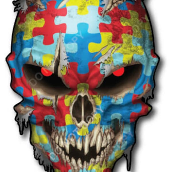 Autism Awareness Puzzle Skull Decal Sticker Car Truck Window Bumper 3M Ribbon