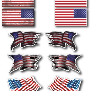 May include: Set of ten American flag decals in various styles. Includes classic, distressed, and tattered designs. Perfect for adding a patriotic touch to any surface.