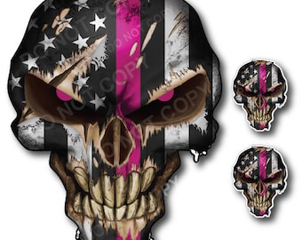 3 pack Thin Pink Line Skull Breast Cancer Survivor USA American Flag Sticker Vinyl Decal Car Truck