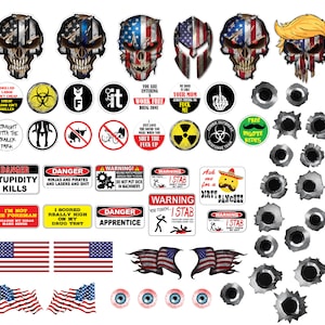 May include: A set of 30 funny and edgy car stickers featuring skulls, American flags, warning signs, and bullet holes. The stickers are printed on high-quality vinyl and are waterproof and UV resistant.