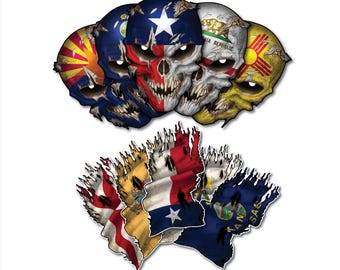 State Flag Skull Decal with Reflective Eyes + Matching Flags | 3M Vinyl Car Truck Window Sticker | 50 States Available | Bonus Decal