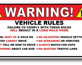 WARNING Vehicle Rules Instructions Safety Funny Adhesive Sticker Decal 2 PACK