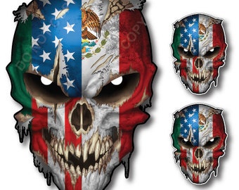 PACK OF 3 USA American Mexican Country Flag Mexico Latino Skull sticker decal for car truck window bumper toolbox laptop