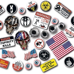 May include: A collection of colorful stickers with various designs and phrases, including skulls, American flags, warning signs, and humorous sayings. The stickers are perfect for adding a touch of personality to laptops, water bottles, or other surfaces.