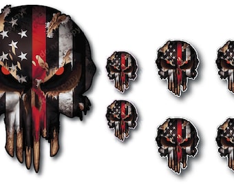 7 Pk Skull Decal Sticker Thin Red Line Lives Matter American USA Flag Bumper Window Car Truck peel and stick Fireman Firewoman Fire Fighter