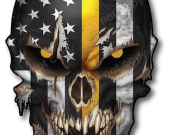 Thin Yellow Line Dispatcher Punisher Skull USA American Flag Hardhat Sticker Vinyl Decal Car Truck Yeti