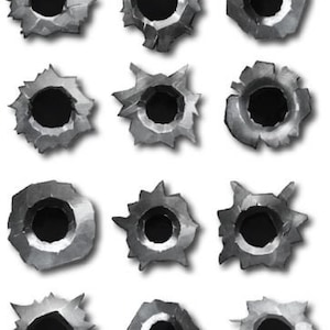 May include: Twelve close-up images of bullet holes in metal. The holes are various sizes and shapes, with some showing signs of damage around the edges.