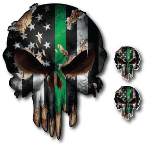 May include: A distressed skull sticker with an American flag and a thin green line. The sticker is available in three sizes: large, medium, and small.