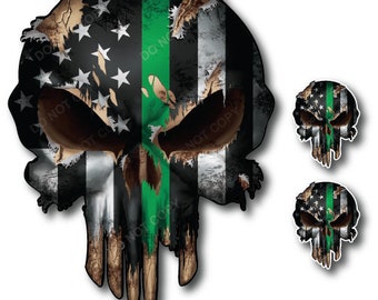 3x Thin Green Line Skull American Flag Sticker Vinyl Decal Car Truck 3M to show support for Military Army Navy Marines Armed Forces