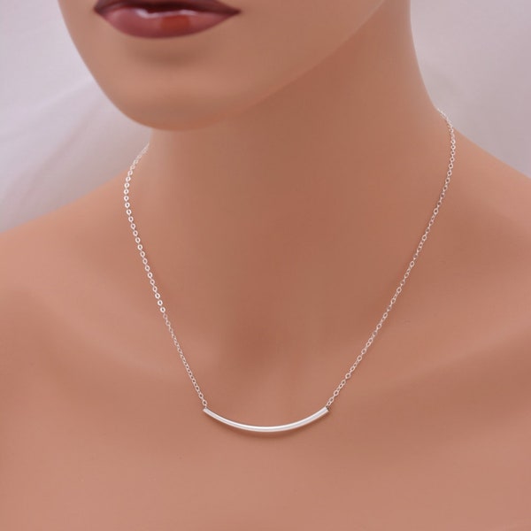 Large Silver Tube Necklace, Curved Tube Necklace, Curved Bar Layering Necklace, Real Sterling Silver - Gift for Her 0372