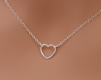 Open Heart Necklace, Sterling Silver Tiny Heart Necklace, 925 Sterling Silver, Valentines Day Gift for Her 0374