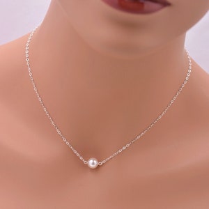 Single Pearl Necklace, 925 Sterling Silver Floating Pearl Gift