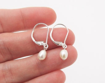 Tiny Pearl and Sterling Silver Lever back Earrings, Real Freshwater Pearl