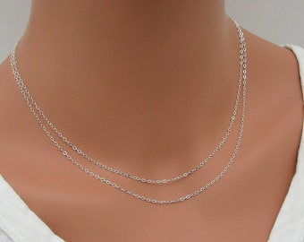 Double Layer Dainty Necklace, 2 Strand Simple Chain 925 Sterling Silver