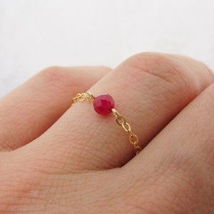 Tiny Ruby Gold Chain Ring, Pink Ruby Dainty July Birthstone Jewelry, 14K Gold Filled