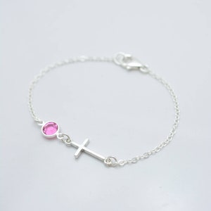 Childs Cross Bracelet with Birthstone Crystal, Sterling Silver Personalized First Communion Gift
