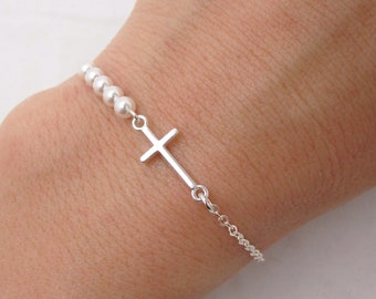 PennyLine inc - Mini Sideways Cross Bracelet stack Pearls and gold metal beads