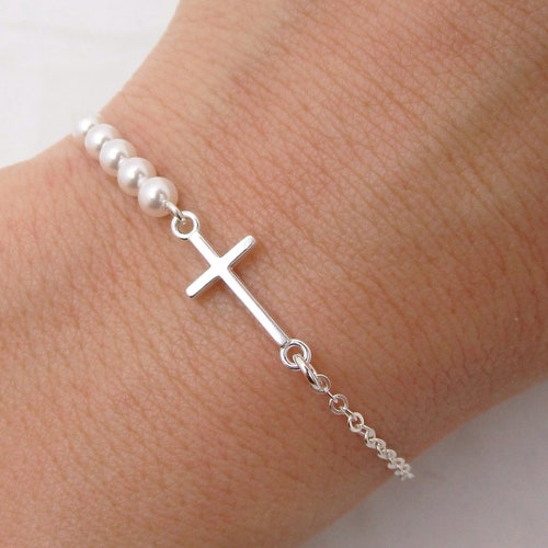 Child's Cross Bracelet With Pearls Sterling Silver Girls Etsy