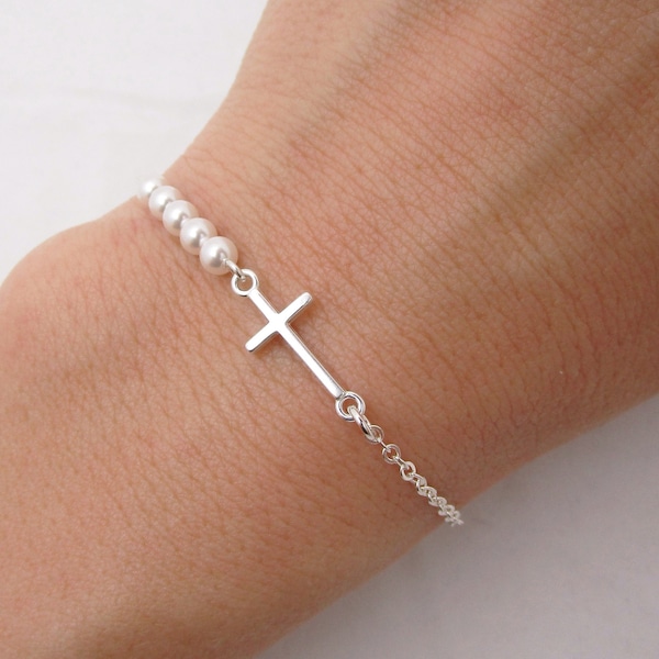 Sterling Silver Cross and Pearl Bracelet, Tiny Sideways Cross Bracelet with Pearls