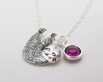 Birthstone Sloth Necklace, Sterling Silver Sloth Lover Personalized Gift