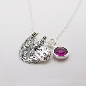 Birthstone Sloth Necklace, Sterling Silver Sloth Lover Personalized Gift