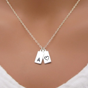 Sterling Silver Initial and Heart Necklace, Personalized Letter, Valentines Day Gift