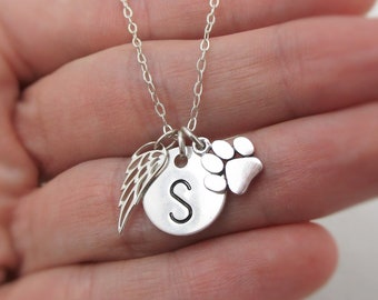 Dog Memorial Necklace, Sterling Silver Tiny Paw Print and Angel Wing, Personalized Pet Loss Jewelry