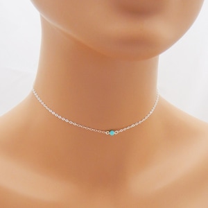Dainty Choker Necklace with Tiny Turquoise Bead, Genuine Turquoise Necklace Sterling Silver