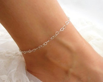 Sterling Silver Heart Chain Anklet, Summer Ankle Bracelet