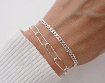 Sterling Silver Paperclip Chain Bracelet: Adjustable Rectangle Link