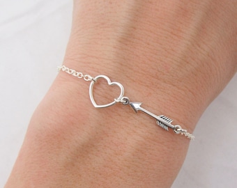 Sterling Silver Heart and Arrow Bracelet, Valentines Day Gift for Her, Silver Heart Bracelet 0515
