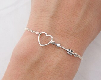 Sterling Silver Heart and Arrow Bracelet, Valentines Day Gift for Her, Silver Heart Bracelet 0515