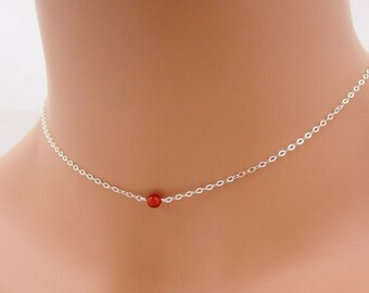 Sterling Silver Gemstone Choker Necklace, Dainty Carnelian Orange Red Layering Necklace