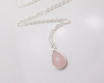 Rose Quartz Gemstone Necklace in Sterling Silver, Teardrop Pendant October Birthstone