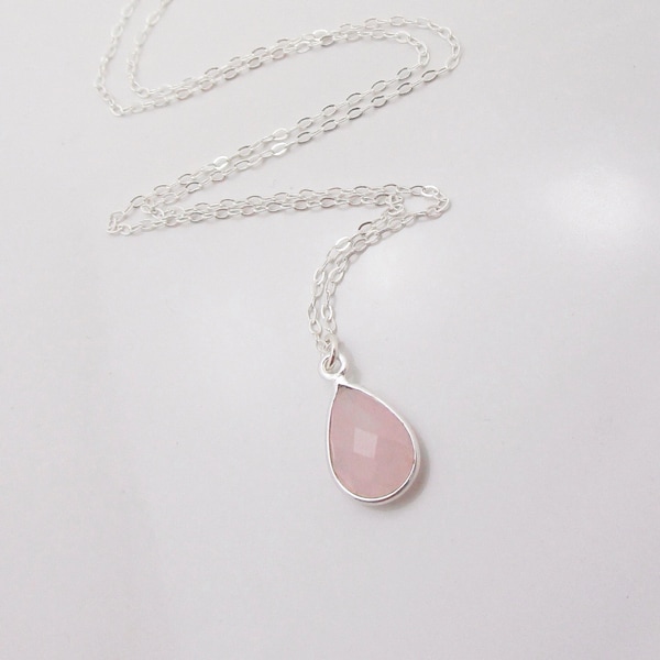 Rose Quartz Gemstone Necklace in Sterling Silver, Teardrop Pendant October Birthstone