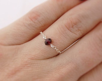 Dainty Garnet Chain Ring, 925 Sterling Silver January Birthstone