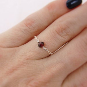 Dainty Garnet Ring in Sterling Silver, Tiny Garnet Gemstone Chain Ring, January Birthstone Stacking Ring image 1