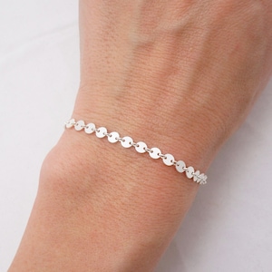 Sterling Silver Coin Disc Bracelet, Sequin Chain, Dainty Layering Bracelet