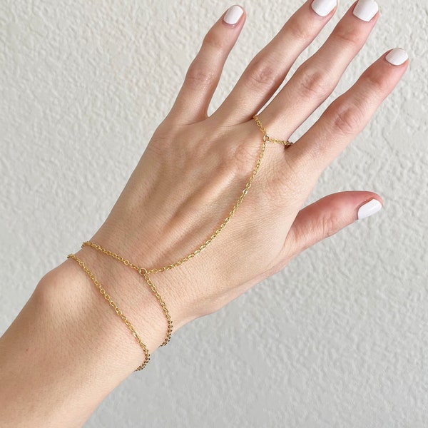Gold Hand Chain Bracelet, 14K Gold Filled Finger Ring Bracelet