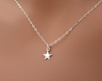 Sterling Silver Tiny Star Necklace, Shiny Silver Little Star Charm Necklace