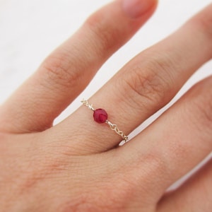Dainty Ruby Ring with Sterling Silver Chain, July Birthstone Chain Ring