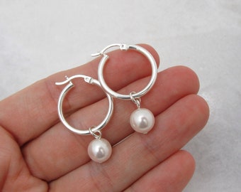 Dainty Pearl Hoops, 925 Sterling Silver, Small Pearl Drop Earrings